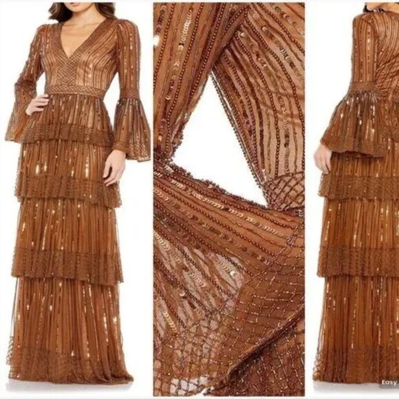 Mac Duggal Copper Sequin Stripe Long Bell Sleeve Tiered Ruffle Gown